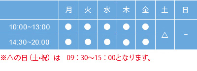  ※△の日（土・祝）は　09：30～15：00となります。